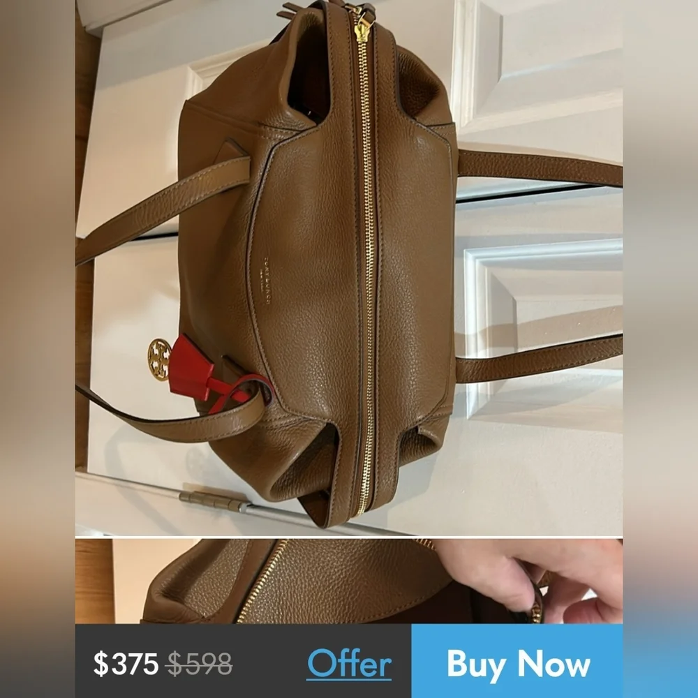 Tory burch Satchel rich Brown Leather Handbag with Red Accent - Picture 12 of 12